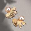 Spring and Summer New Design Sense Metal Inlaid Ginkgo Biloba Pearl Earrings Sex Catwalk Exaggerated Jewelry