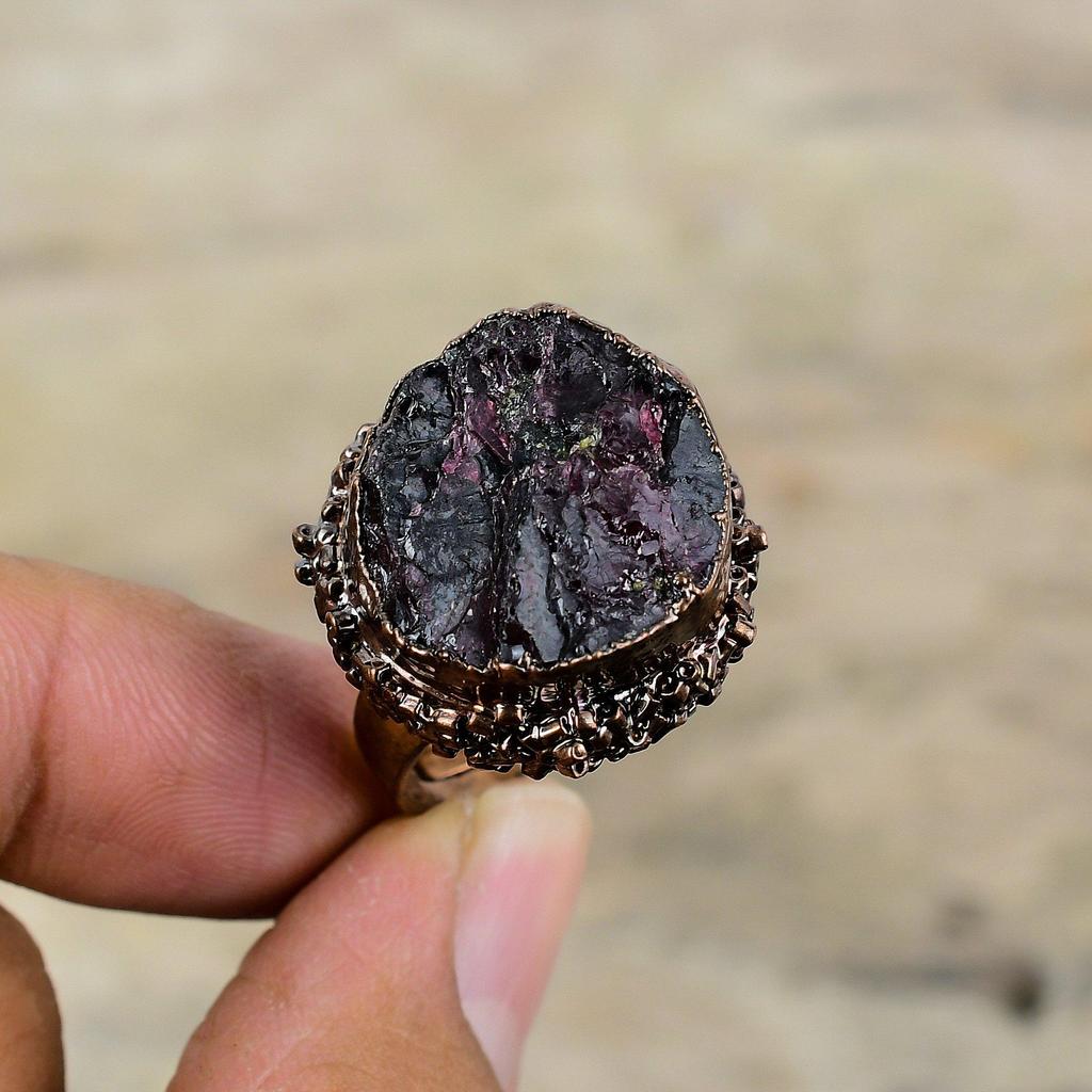 Pink Tourmaline Rough Ring Electroformed Copper Ring Adjustable Ring Handmade Jewelry Gemstone Rings Electroformed Jewelry Engagement Rings