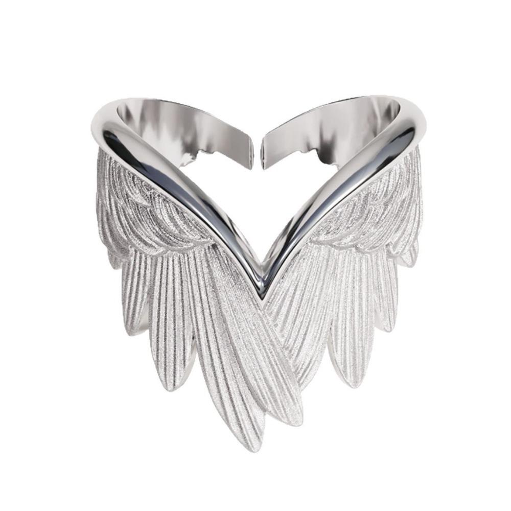 Creative Personality Silver Color Stainless Steel Angel Wings Couple Rings for Women Men Charm Feather Opening Ring Rock Jewelry