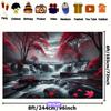 2D Zen Forest Waterfall Tapestry Red Maple Trees, Misty Waterfall and Floating Leaves Wall Art