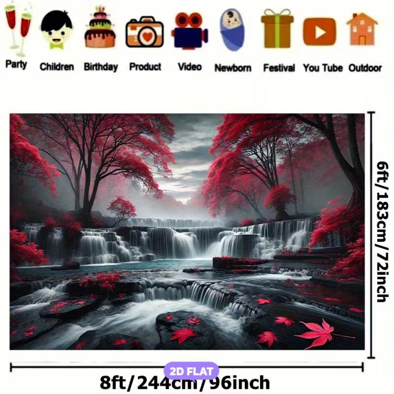 2D Zen Forest Waterfall Tapestry Red Maple Trees, Misty Waterfall and Floating Leaves Wall Art