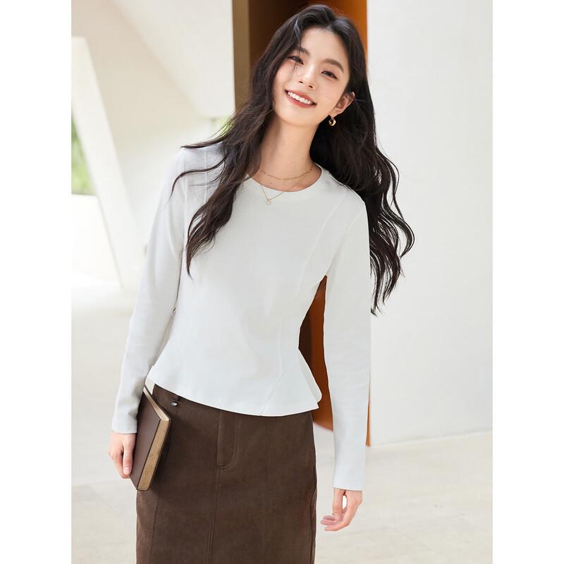 La Chapelle Women's Solid Color Long Sleeve Ruffle Hem T-Shirt