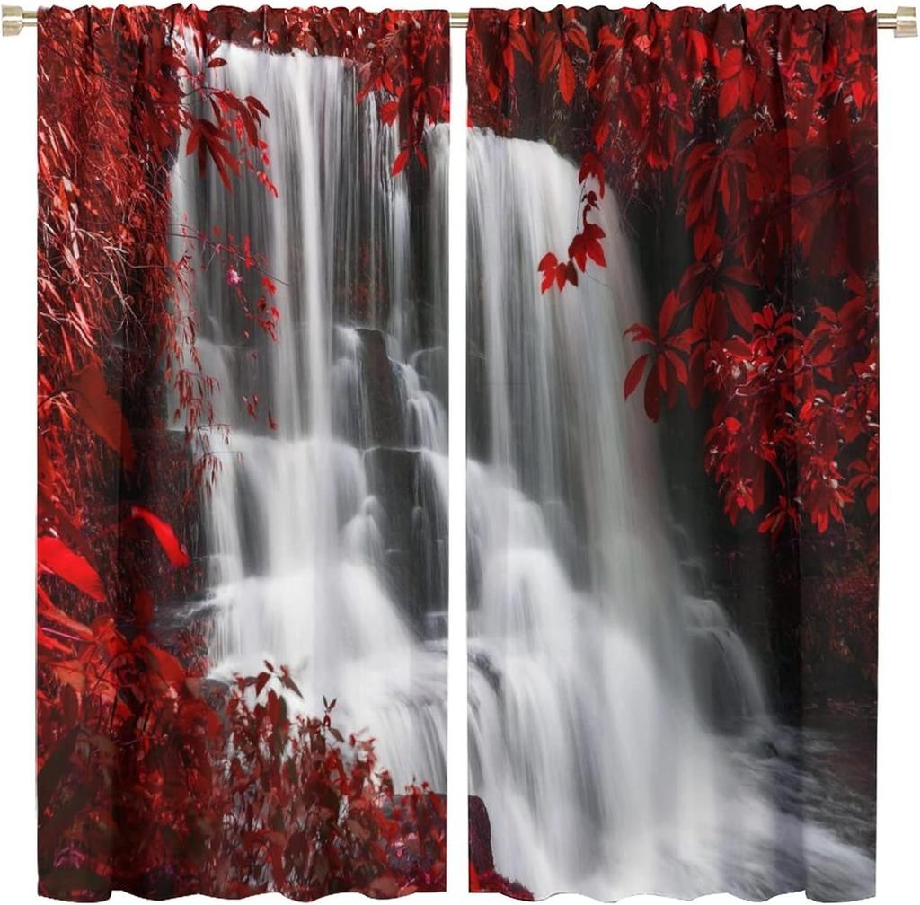 Blackout Red Forest Waterfall Windows Curtains Tree Landscape Woodland Scenic Nature Fall Scenery Art Printed Curtain Made Of Polyester Washable