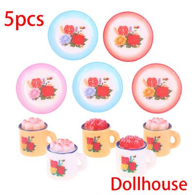 5pcs Dollhouse Miniature Supplies Chinese Double Happiness Food Plate/Cup Cake Enamel Basin Miniatures Kitchen Accessory