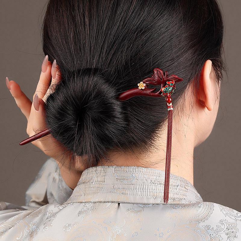 GEMCHIC Women s Vintage Red Sandalwood Hair Stick with Tassel, Chinese Ethnic Style Carved Lotus & Fish Bun Pin for Hanfu