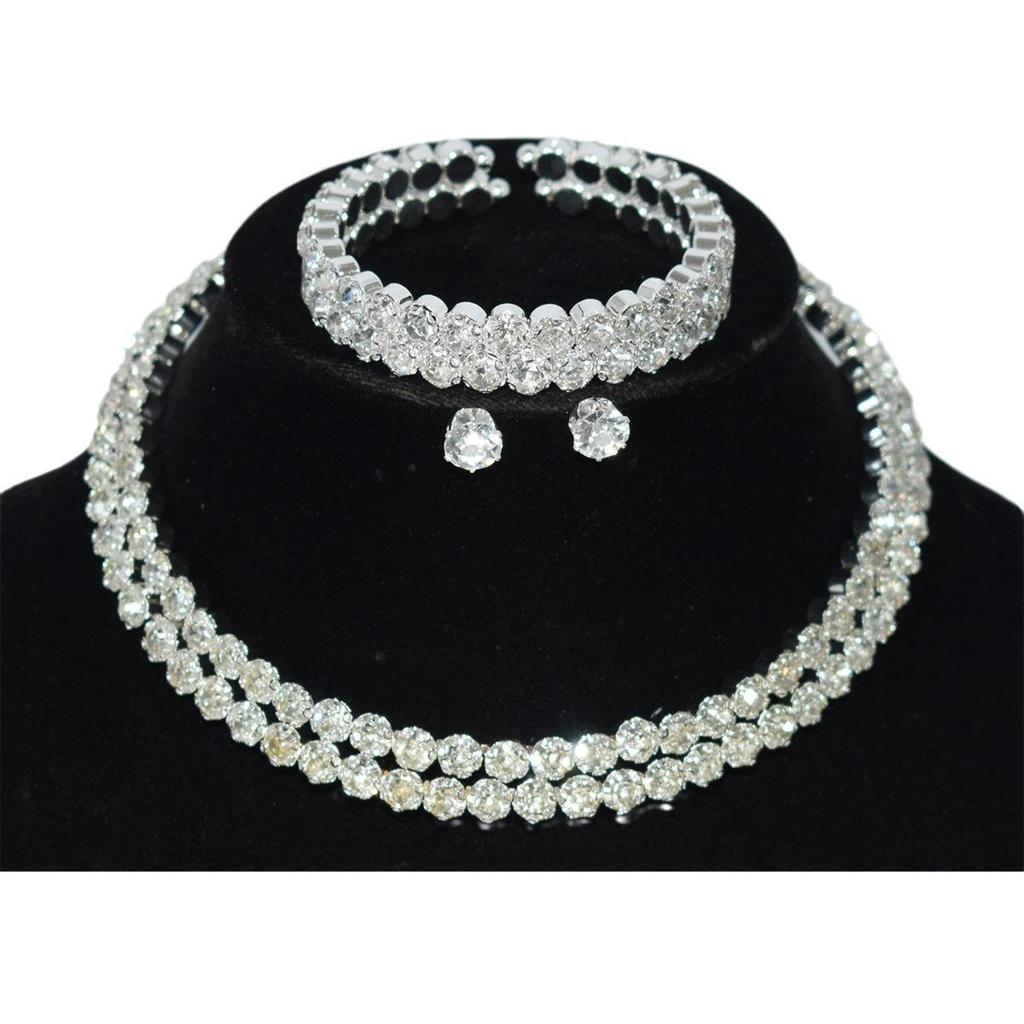 Gold & Silver Rhinestone Jewelry Set: Choker, Bracelet, Stud Earrings, & Necklace