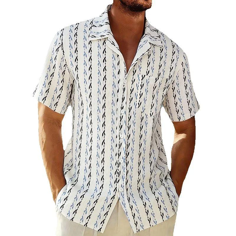 Herren Sommer Mode Gestrickte Streifen Kurzarm Hawaiianhemd Lässig Tasche Strand Urlaubshemden Stilvolle Herrenbekleidung