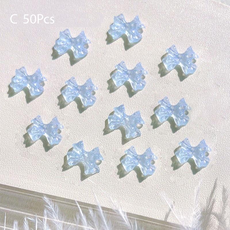 50Pcs Ice Transparent French Ribbons Colorful Resin Bowknot Charm Bowtie Jewelry Nail Art Decorations Manicure Tools Accessories