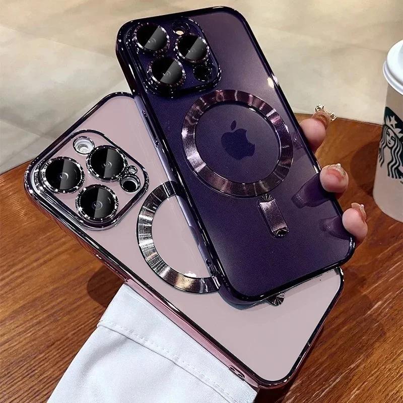 Luxury New Clear Lens Film Magnetic Case For IPhone 15 14 13 12 11 Pro Max Plus Plating Wireless Charging Shockproof Cover