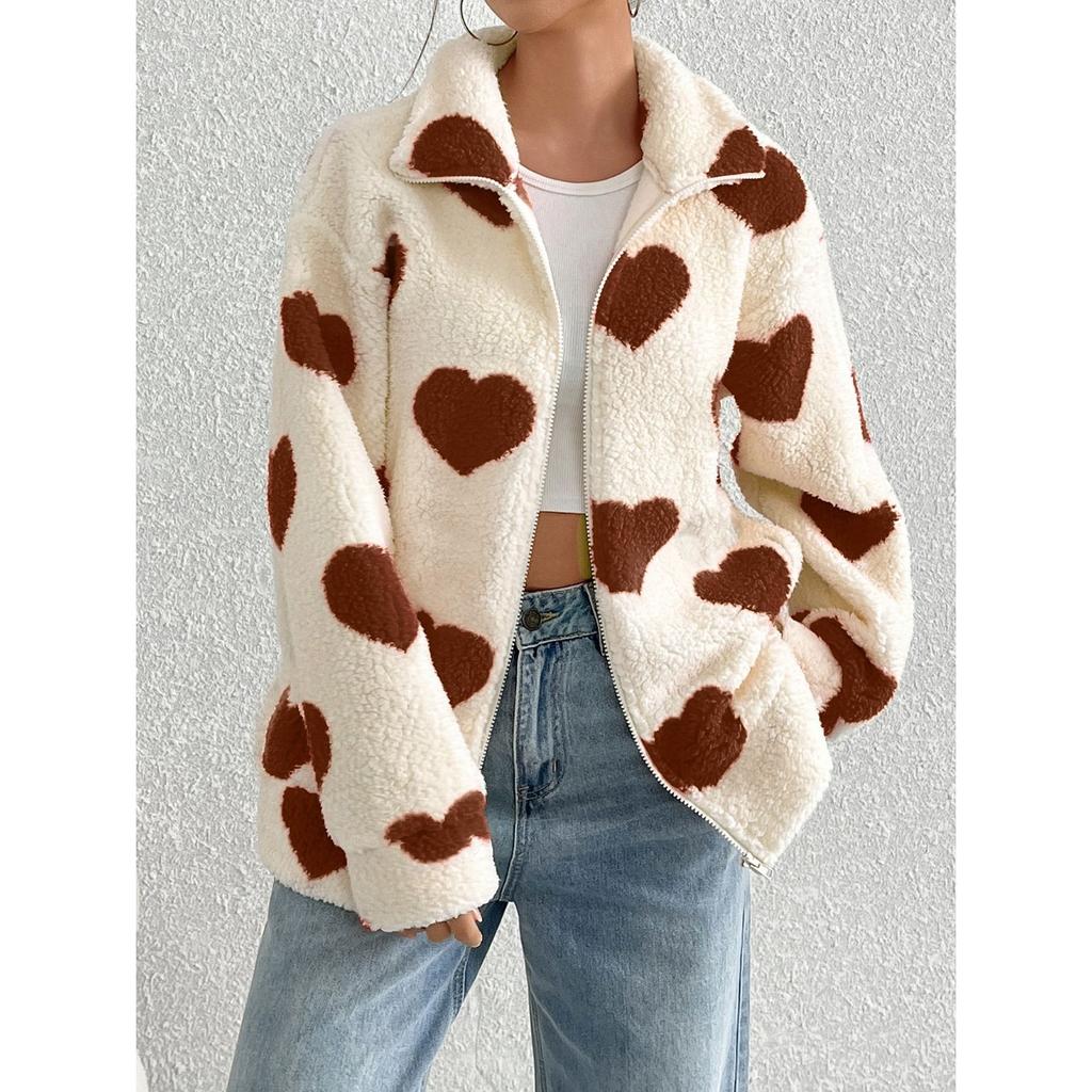 HNXC Women's Autumn and Winter Loose Long-sleeved Zipper Cardigan with Plush Heart Print