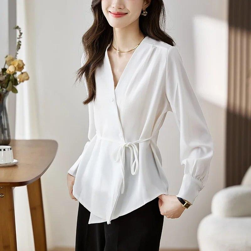 Autumn  Korean Style V-neck Lace-up Blouse Women Elegant Long-sleeve Shirt Women Office Lady Bottoming Tops Woman 29661