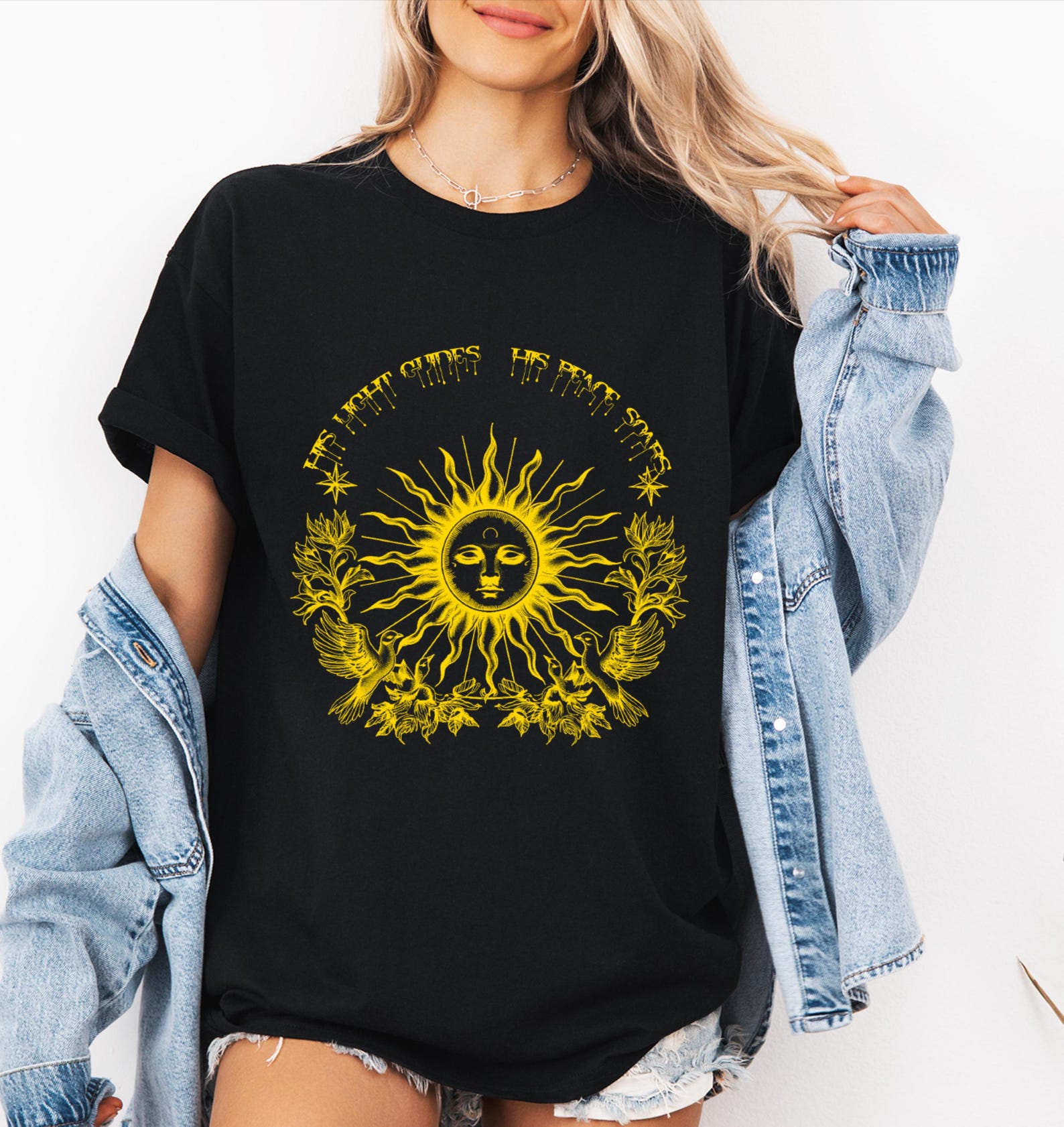 Celestial Sun T-shirt: Gold Doves, Spiritual Galaxy Graphic M