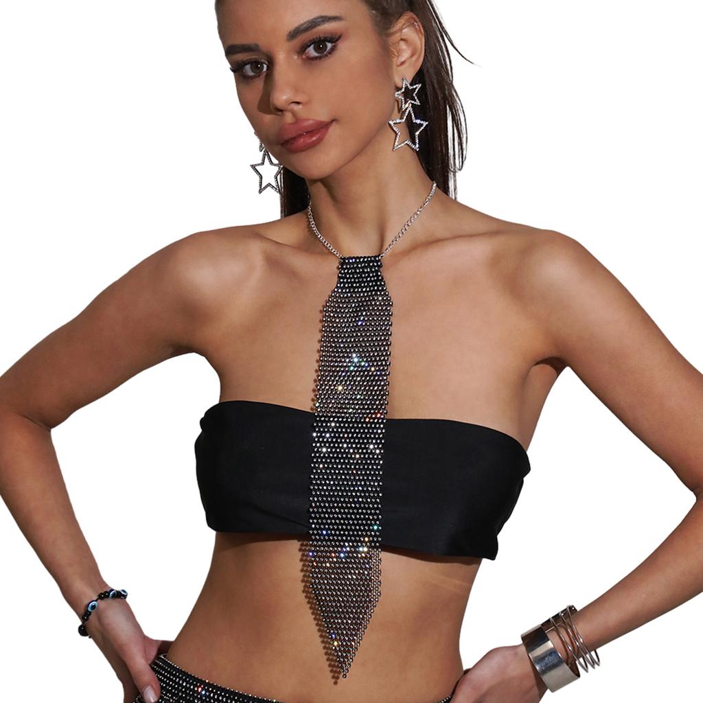 Women Fashionable Elegant Rhinestones Mesh Net Necktie Sparkly Glitter Crystal Long Necklace Chain Jewelry for Party