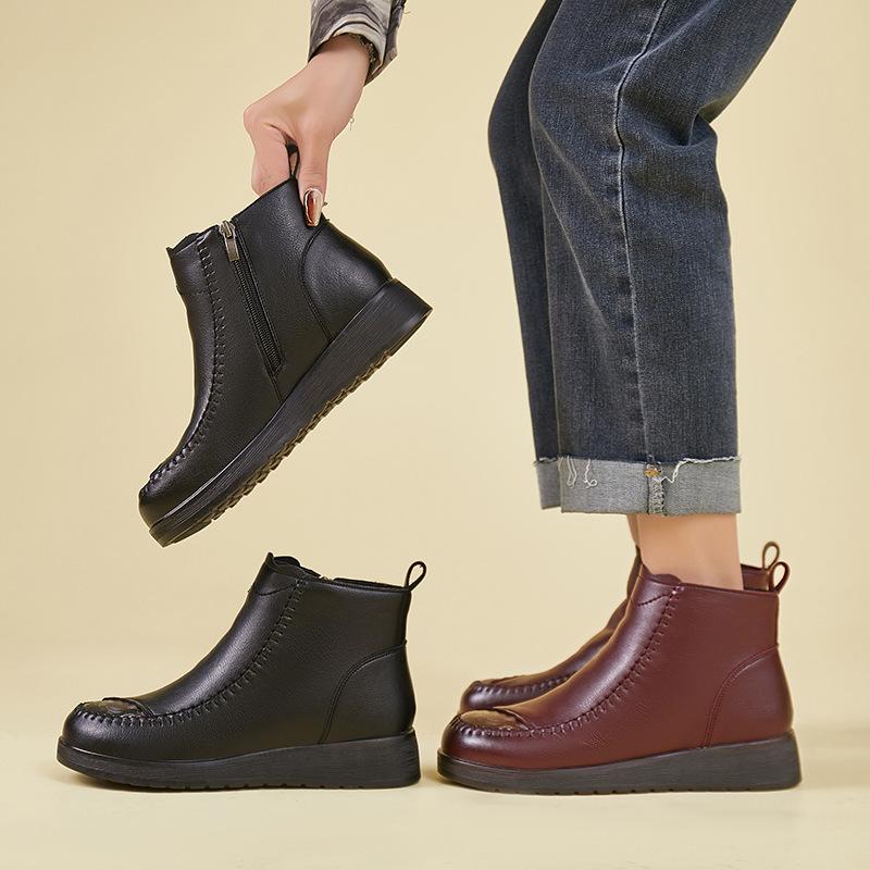Winterstiefel Echtes Leder Damen Flats Rutschfest Warm Flache Absätze Stiefeletten Mutter Wasserdicht Rutschfeste Stiefeletten