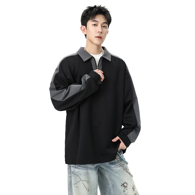 Men's Beige Brown Color Block Half Zip Polo Sweatshirt - Oversized Casual Streetwear Long Sleeve Top