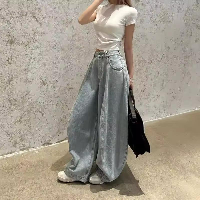 Jeans Lavati Gamba Larga Morbidi con Pieghe a Coltello Donna Primavera Autunno Vita Alta Morbidi Modellanti Pantaloni Lunghi Fino a Terra