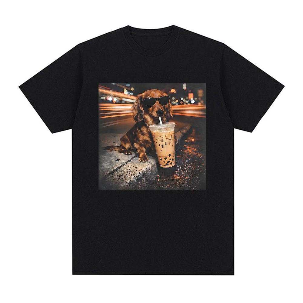 Lustiges Dackel trinkt Eiskaffee Meme T-Shirt Unisex Cooles Mode Retro Kurzarm T-Shirts 100% Baumwolle T-Shirt Streetwear