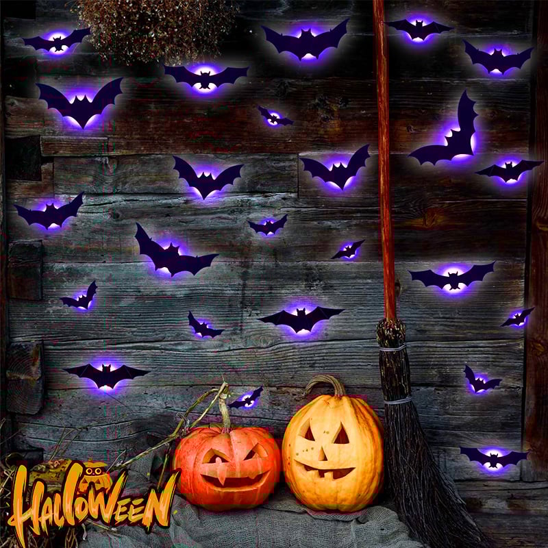 12pcs/set 3D Bat Design LED Decoration,  Bat Shaped Wall Sticker, Decorative Light for Home Party Festival, Halloween Decoration