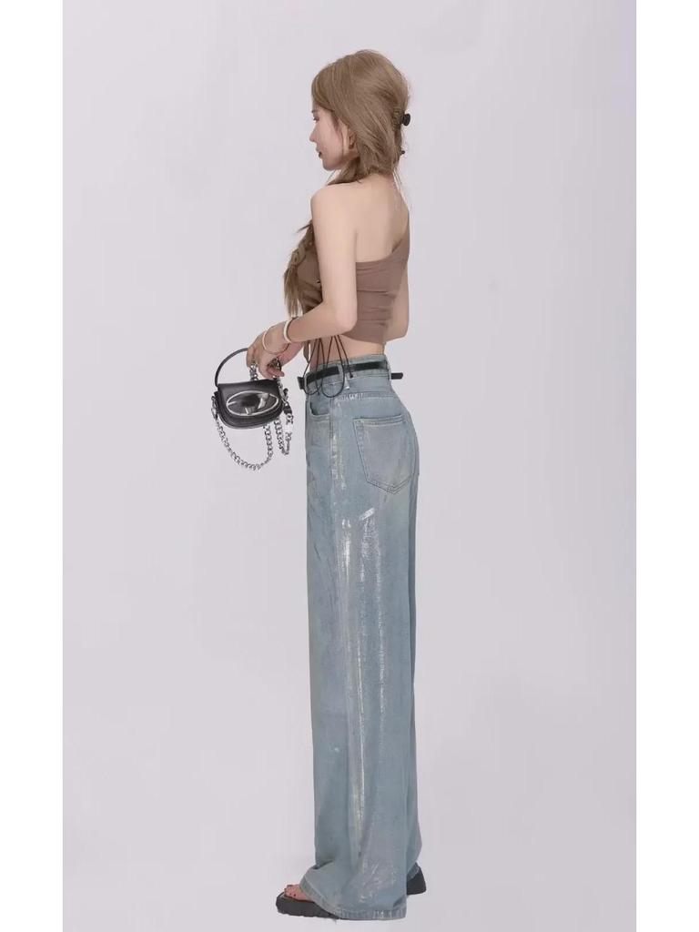 Women's Light-Colored High-Waisted Retro Wide-Leg Jeans - Summer Thin, Loose, Slimming Fit.