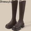 Retro Punk Women Knee High Top Fashion Platform Thick Heel Ladies Concise Knight Long Botas De Mujer