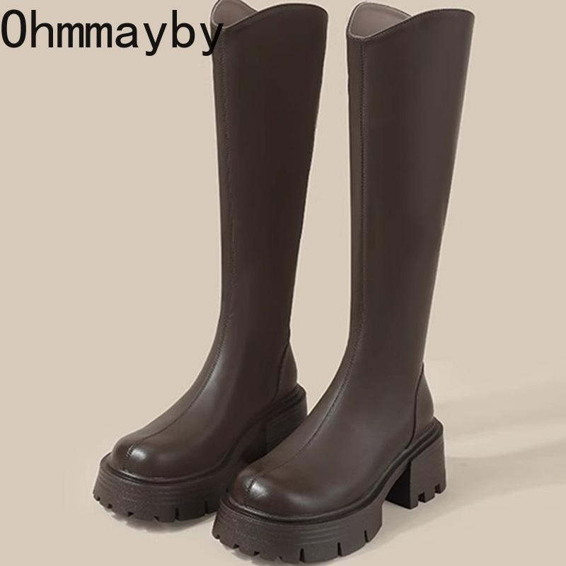 Retro Punk Women Knee High Top Fashion Platform Thick Heel Ladies Concise Knight Long Botas De Mujer