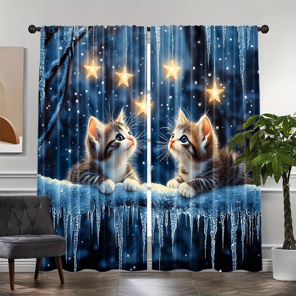 Light Filtering Starry Cats Curtains Polyester Art Design Bedroom Living Room Office Decor Curtain Set Of 2 Modern Made Washable Area Ready