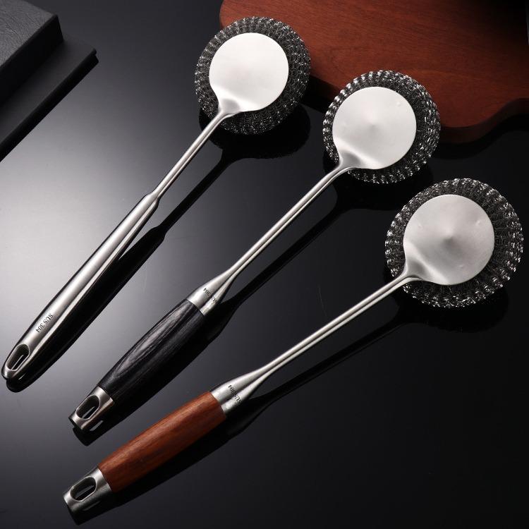 Stainless Steel Pot Brush Long Handle Can Be Hung Household Kitchen Cleaning Dishwashing Steel Brush Replacement Steel Ball