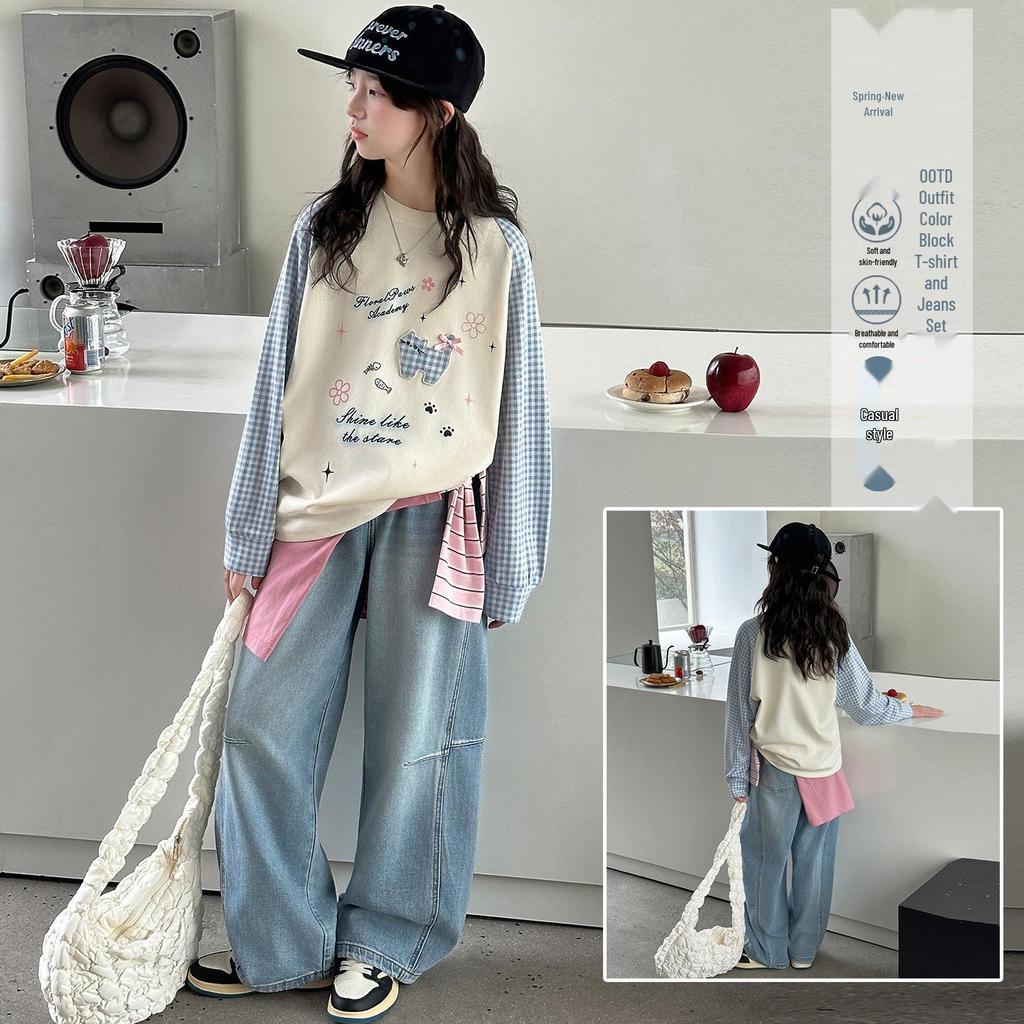 Stylish Girls' Cartoon Color Block Long Sleeve T-shirt - Spring 2026 Edition for Medium & Large Children