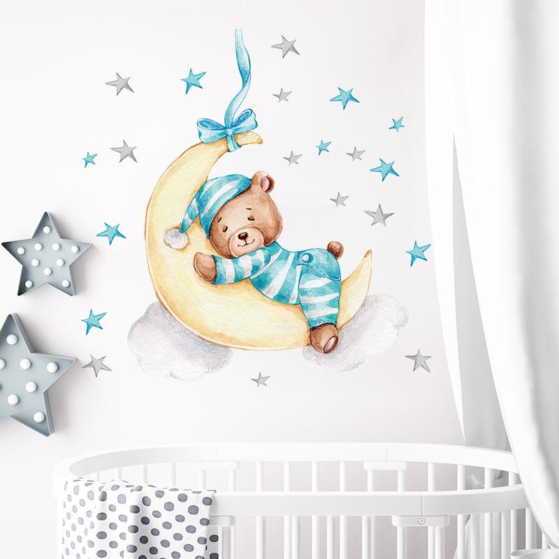 Cartoon Sleepy Bear In Pajamas with Moon Wall Stickers, Self-Adhesive Decor for Kids Room Bedroom Kindergarten Wall Decoration