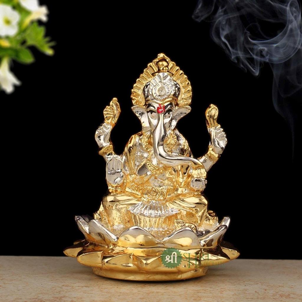 Gold & Silber Ganesha Idol Murti Sitzend auf Lotus Kamal Heimdeko und Geschenke (5x5x6cm)
