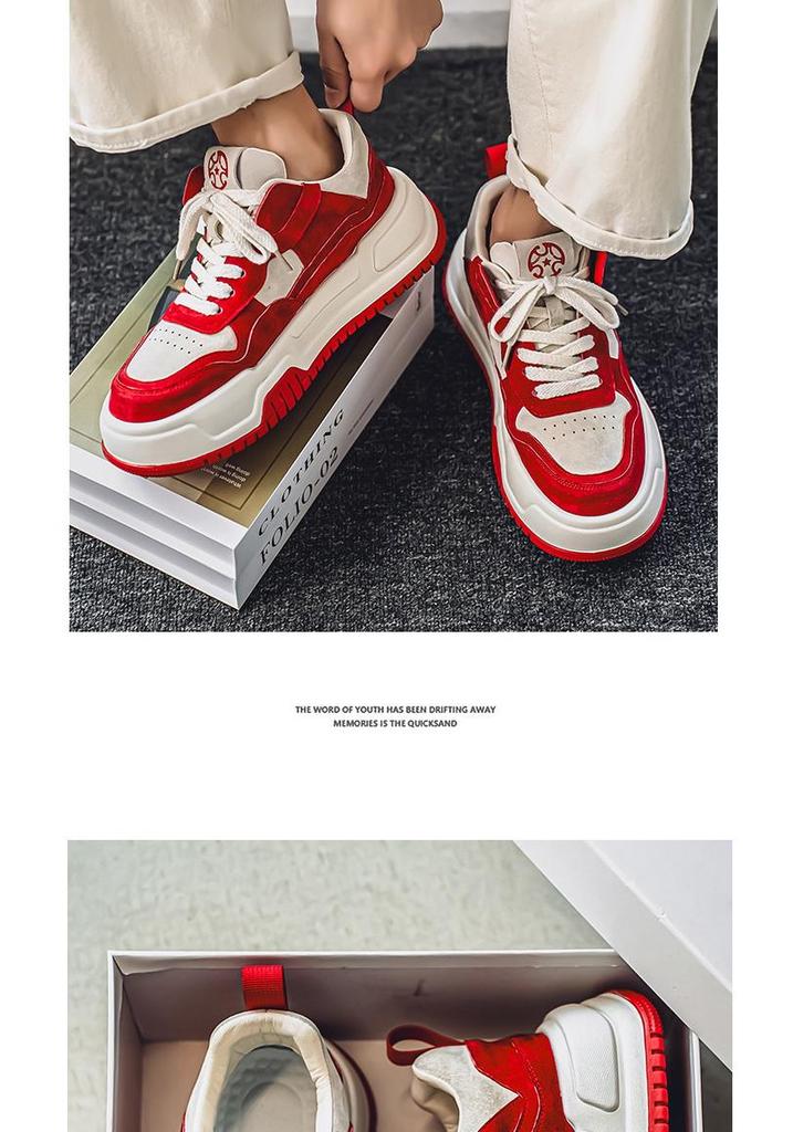 Men's 2025 Spring Korean Style Red Fashion Casual Thick-Soled Height-Increasing High-End Sports Shoes for Teenagers.