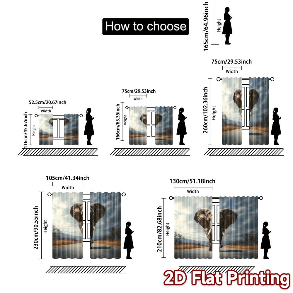 2pcs, 2D FLAT PRINTING Curtains (Without Rod) Elephant Stroll Popular Fashionable Curtains Durable Polyester Curtains Holiday