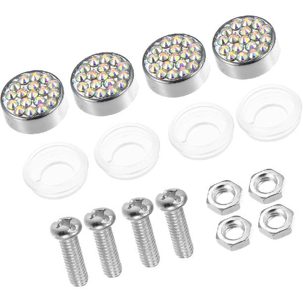 1 Set Bling Car License Plate Fasteners Screws Caps Covers Multicolor Universal Rhinestone License Plate Bolt Cap Plastic Washer Replace Parts