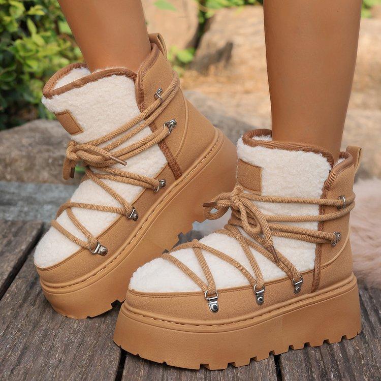 

European and American winter new thick-soled velvet lace-up snow boots for women, large size warm towel, short boots, cotton shoes for women 42