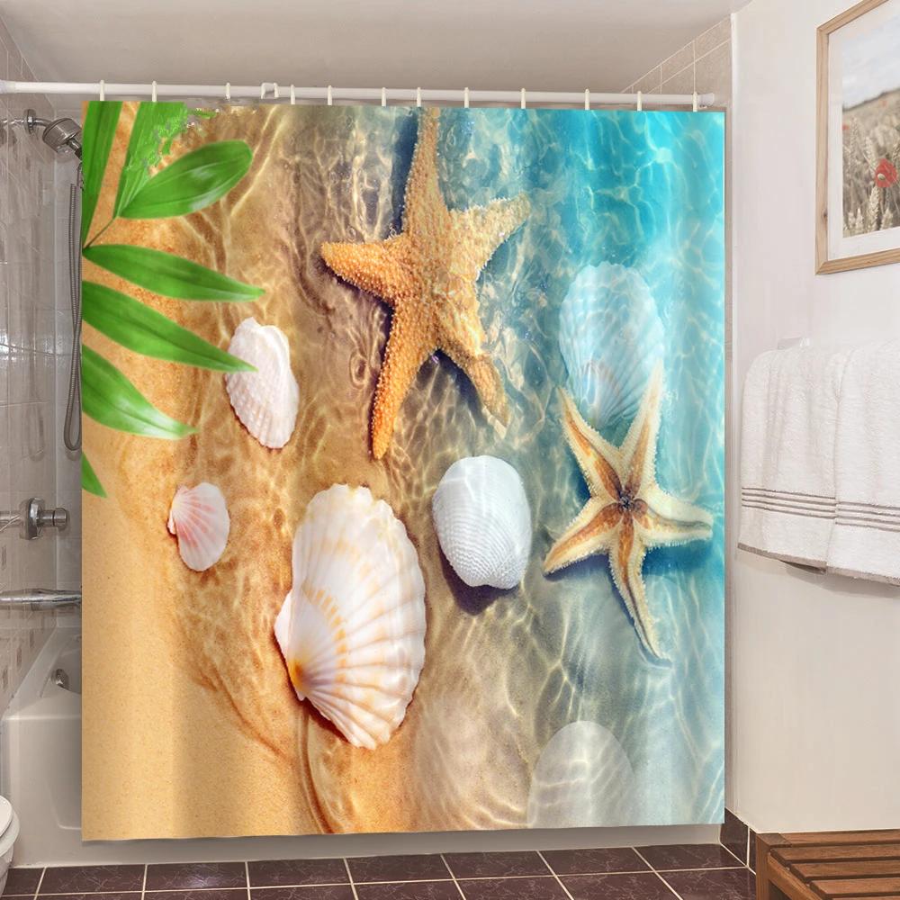 Seaside Sea Beach Sea Wave Coconut Tree Shower Curtains Bathroom Curtain Fabric Waterproof Polyester Bath Curtain With Hooks