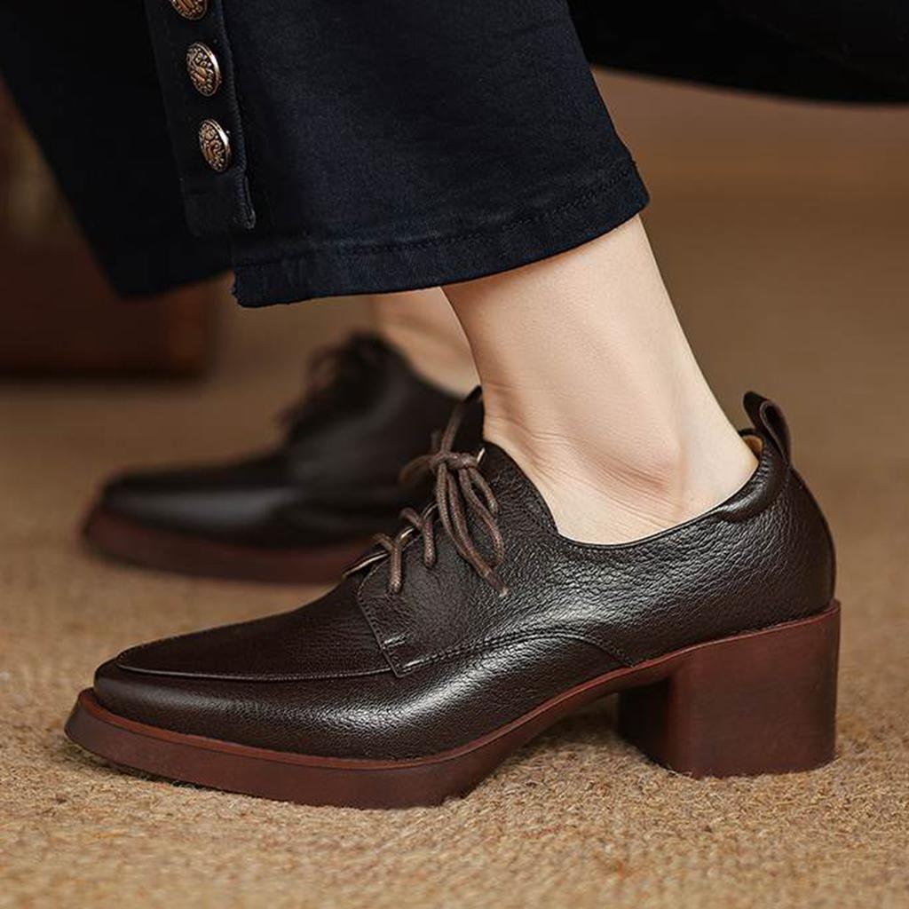 Krazing Pot Sheepskin Autumn Winter Shoes Chunky Heels Size 43 Size 42 Round Toe Lace Up Deep Mouth Retro Fashion Pumps