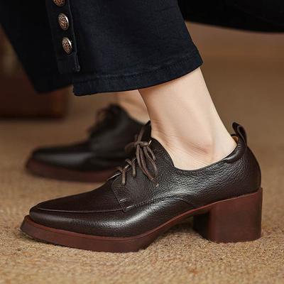 Schafsleder Herbst Winter Schuhe Klobige Absätze Größe 43 Größe 42 Runde Zehenpartie Schnürung Tiefer Ausschnitt Retro Mode Pumps