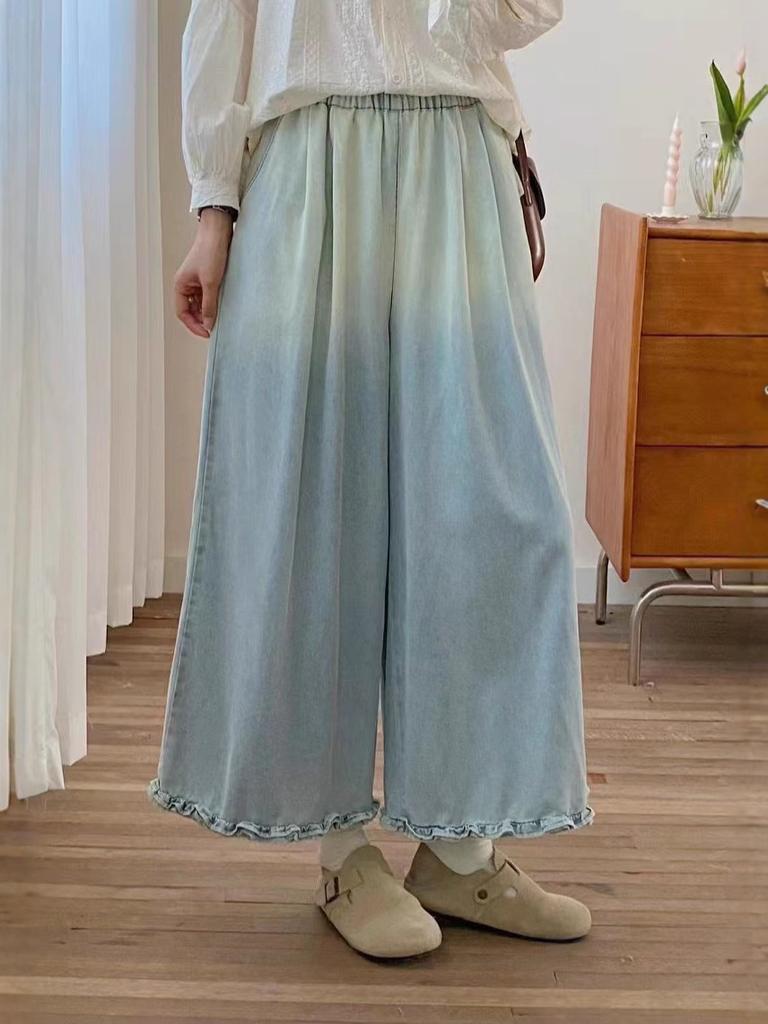 Johnature Japanese Forest Wide Leg Pants Women Summer Loose Versatile Pants Wooden Ears Straight Pants
