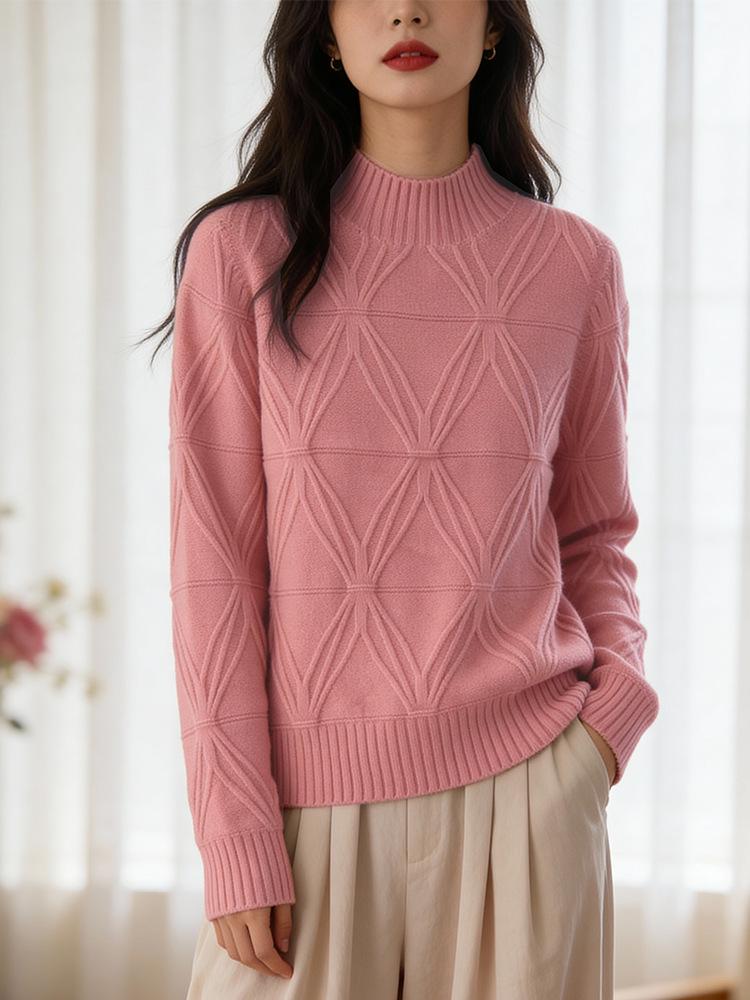 Women's Thick Warm Wool Knit Sweater, Half-High Neck, Diamond Pattern, Autumn/Winter, Solid Color, Loose Fit, Versatile Casual Style.