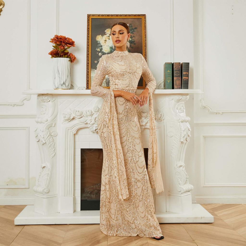 Elegant Sequined Long-Sleeve Evening Gown for Women