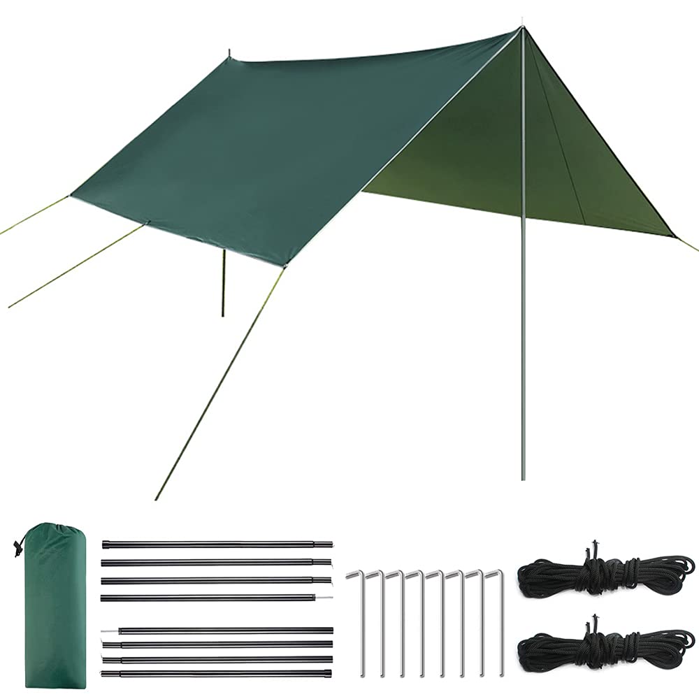 

Waterproof Tarp, Camping Awning, Shade, Outdoor Tarp with Pole, Sun Shelter, Sun Protection, Heat Blocking, Light Blocking, Storage (Green)
