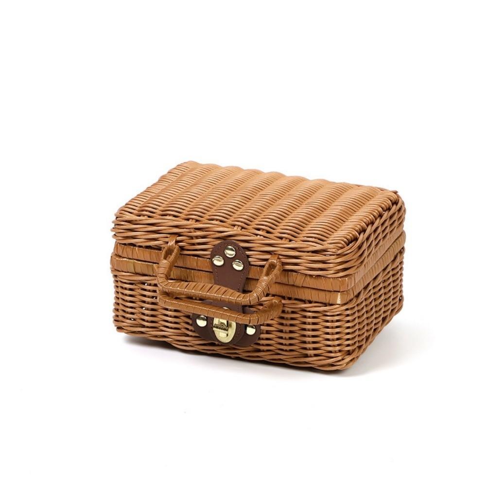 Retro Tragbare Rattan Geflochtene Box mit Griff Koffer Geflochtene Picknickbox Dekorative Rattan Aufbewahrungsbox Hausdekor