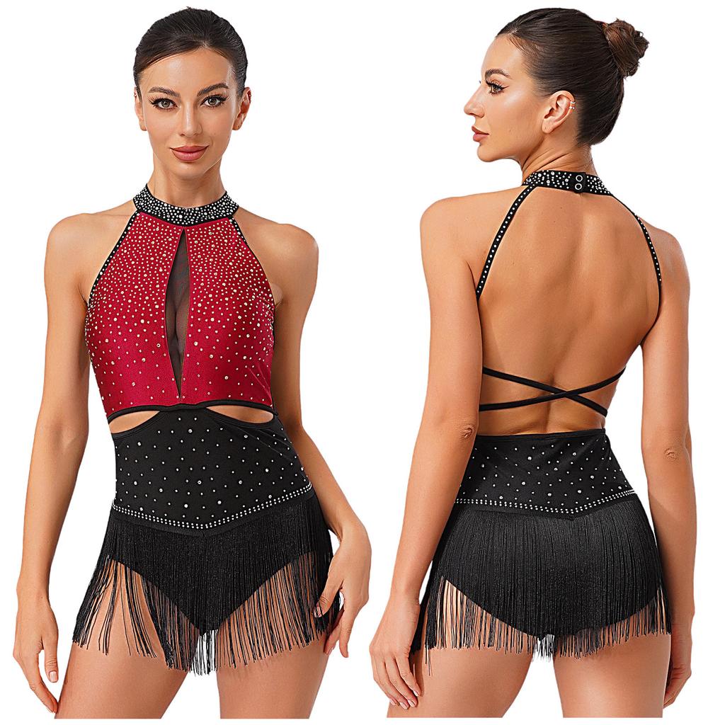 S-XXL Women's Competition Leotard: Allover Rhinestone Backless Bodysuit with Tassel Skirt & Contrast Color for Chacha Rumba Dance