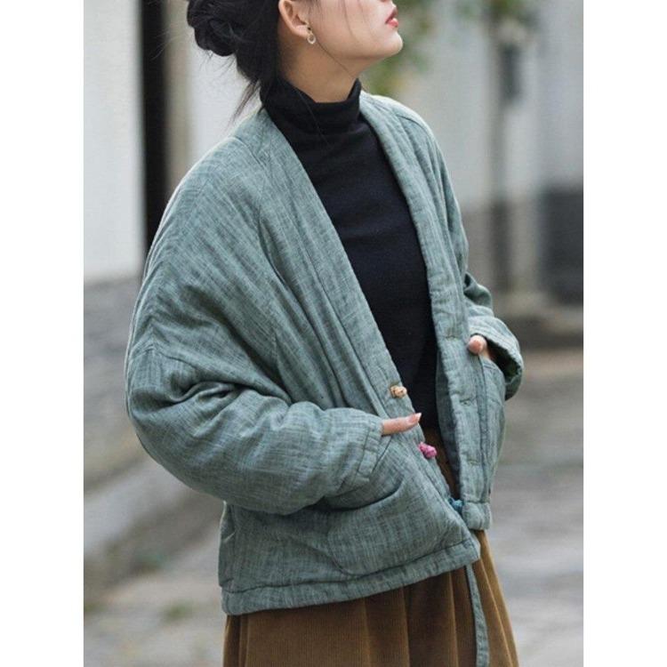 Chinese Style Women Vintage Linen Parkas Winter Warm Coats with Long Sleeve and Pockets