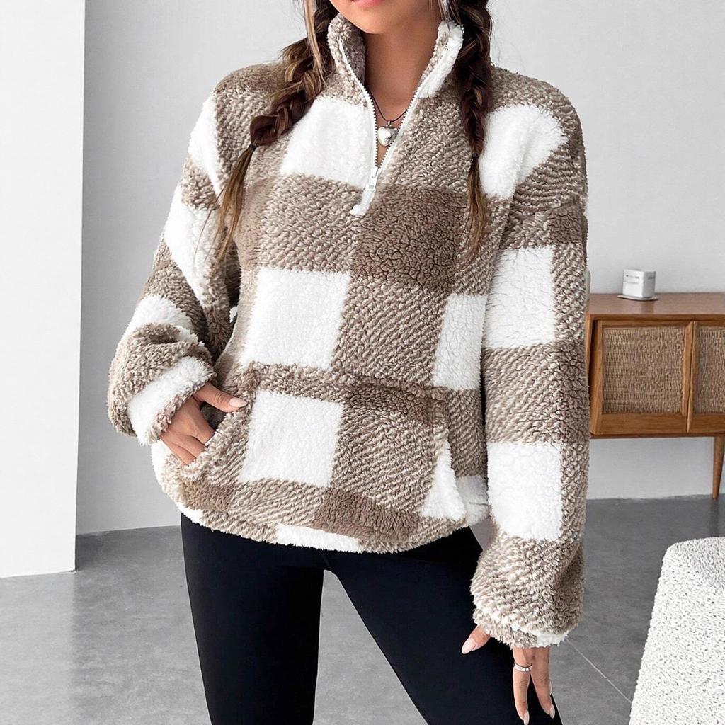 Осінньо-зимова мода Коротка картата напіврозкрита комір плюшева жіноча повсякденна толстовка