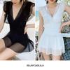 ISLAYCAOLILA Swimdress with Sheer Lace and Flared Padded and DP8 Fleur Women's One-Piece Swimsuit, V-Neck, See-Through Skirt, Wired, (L, Black)