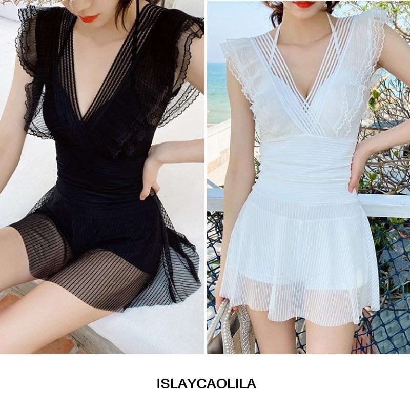 ISLAYCAOLILA Swimdress with Sheer Lace and Flared Padded and DP8 Fleur Women's One-Piece Swimsuit, V-Neck, See-Through Skirt, Wired, (L, Black)