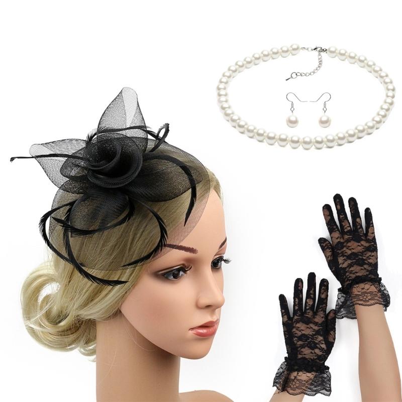 Elegant Women Fascinators Hats Flower Fascinator with Necklace Earring and Lace Short Gloves Party Headwear for Women