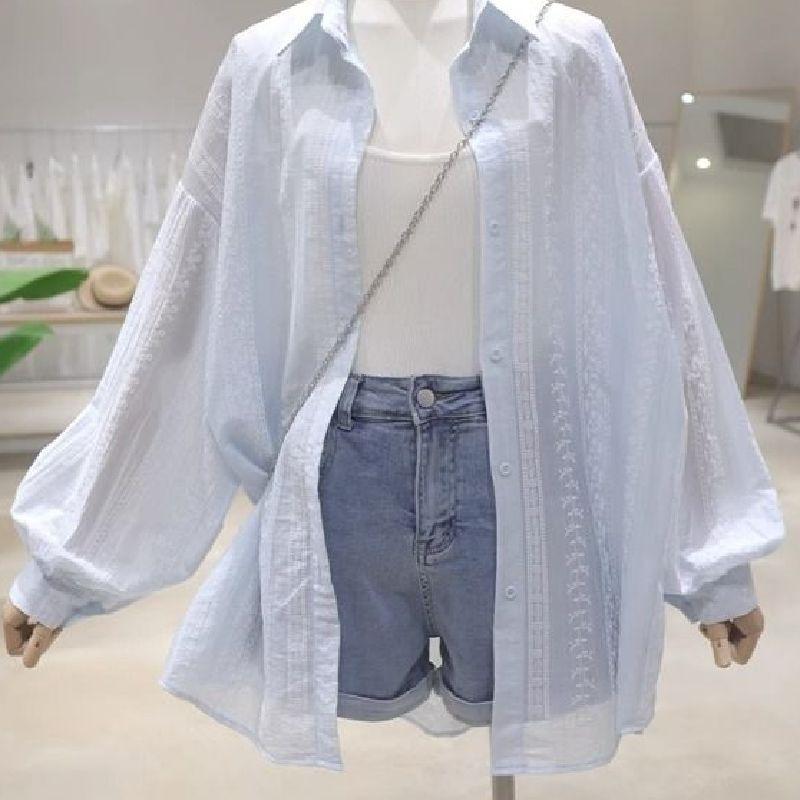 WTEMPO Women Sheer Sun Protection Shirt Lapel Puff Long Sleeve Embroidery Oversized Loose Summer Casual Outerwear Blouse