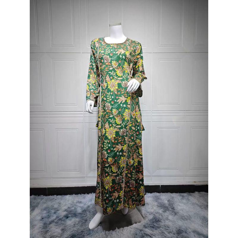 

Ближневосточный модный принт халат Дубай бриллиантовое платье с принтом платье с бриллиантовыми заклепками Dark green XL